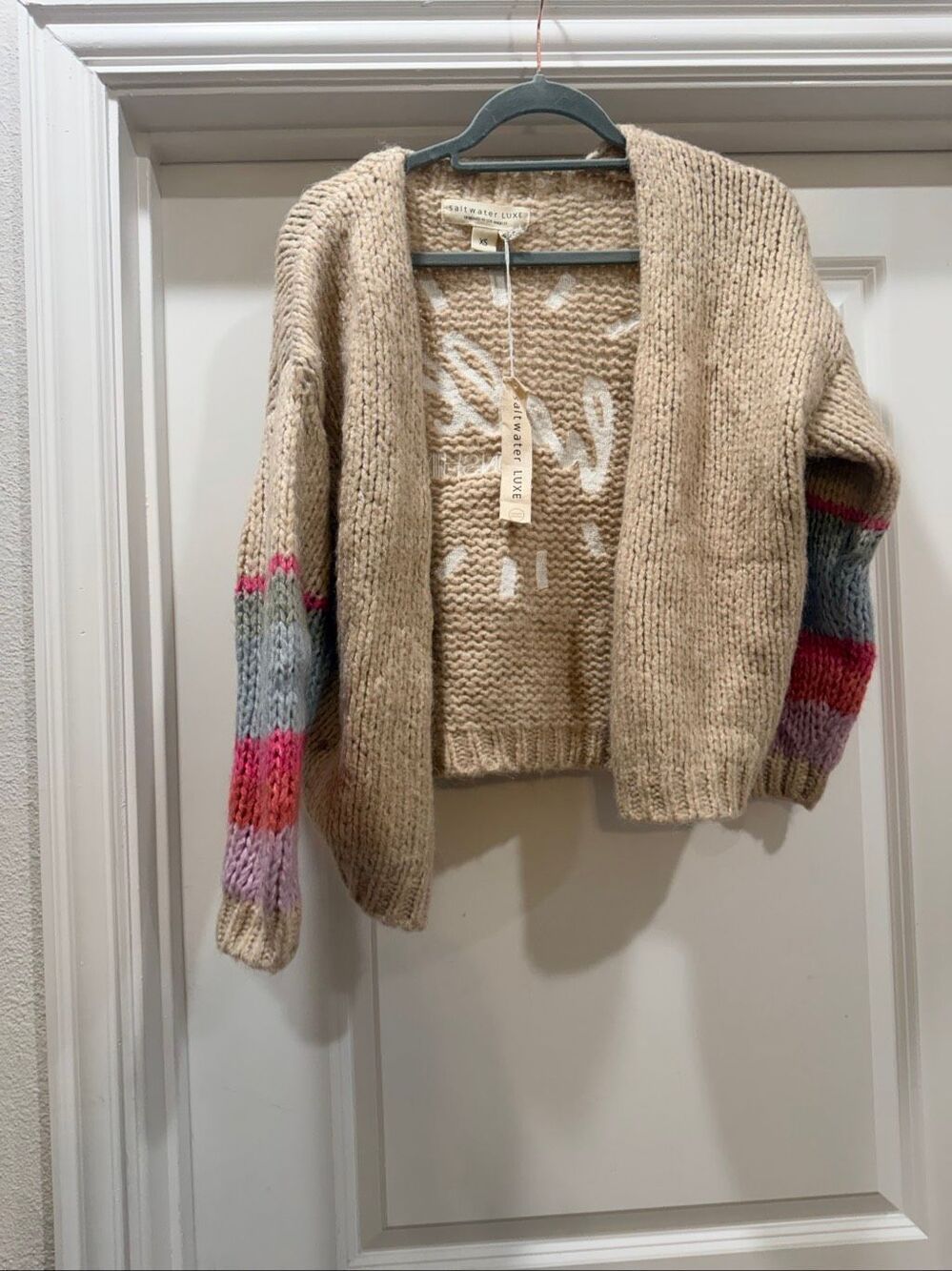 Saltwater Luxe Color Block Knit Cardigan Sweater Open Front Boho Size XS New